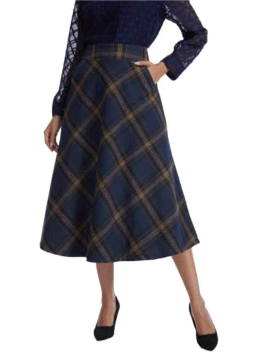 Women's Midi Plaid A-Line High Elastic Waist Skirt with Pockets